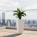 GoHooked white polymer square planter with a peace lily plant on a balcony with city view
