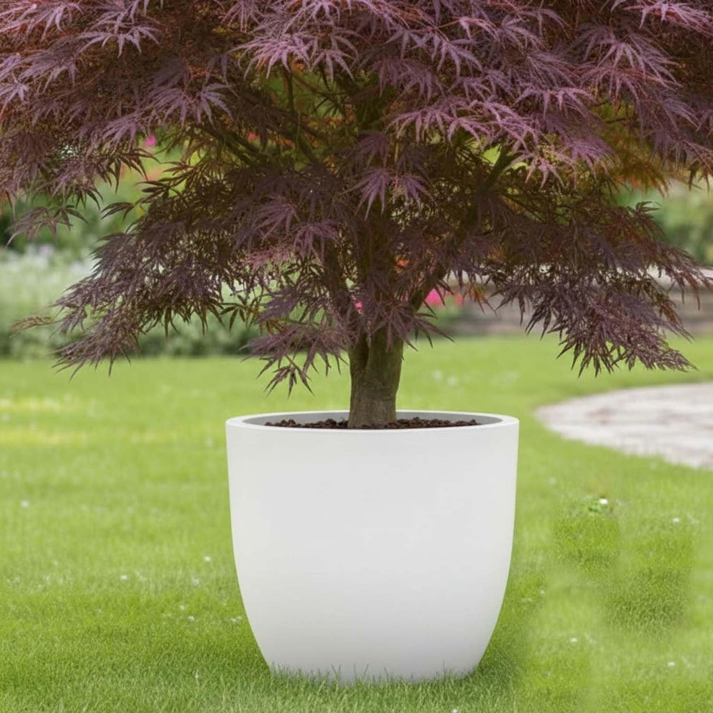 GoHooked 17-inch white polymer planter with a modern, round design, perfect for indoor or outdoor plants.