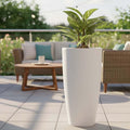 GoHooked 33-inch tall white polymer planter with a modern tapered design, featuring a drainage hole for healthy plants.