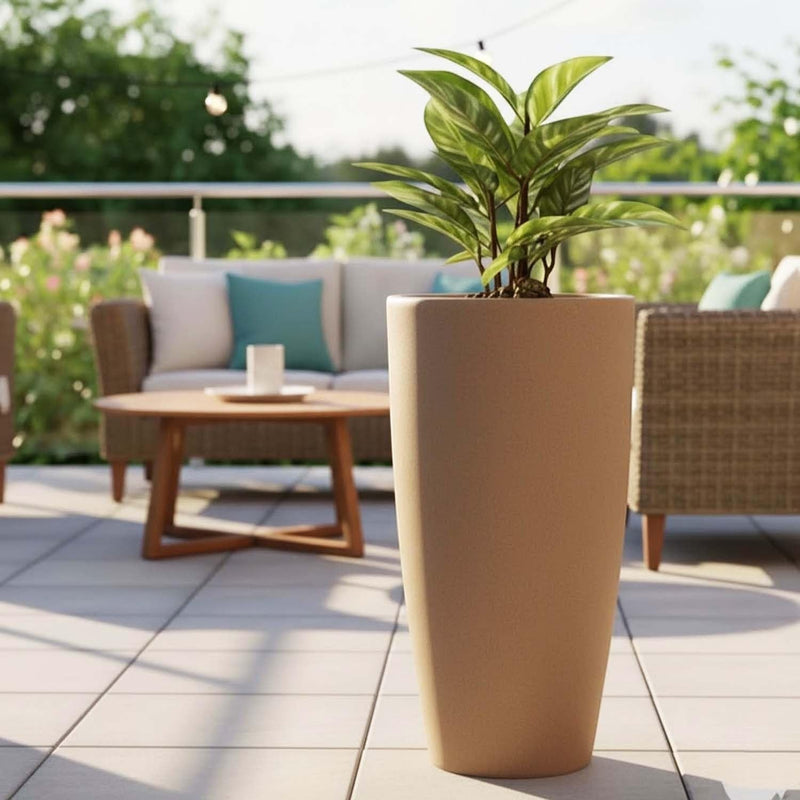 GoHooked 24-inch tall white polymer planter with a modern, tapered design, featuring a drainage hole. Ideal for indoor or outdoor use.