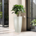 GoHooked 33-inch white polymer planter with a modern, tapered design and a drainage hole. Ideal for indoor or outdoor use.