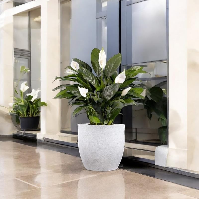 GoHooked white polymer planter with a modern, minimalist design, featuring a peace lily plant.