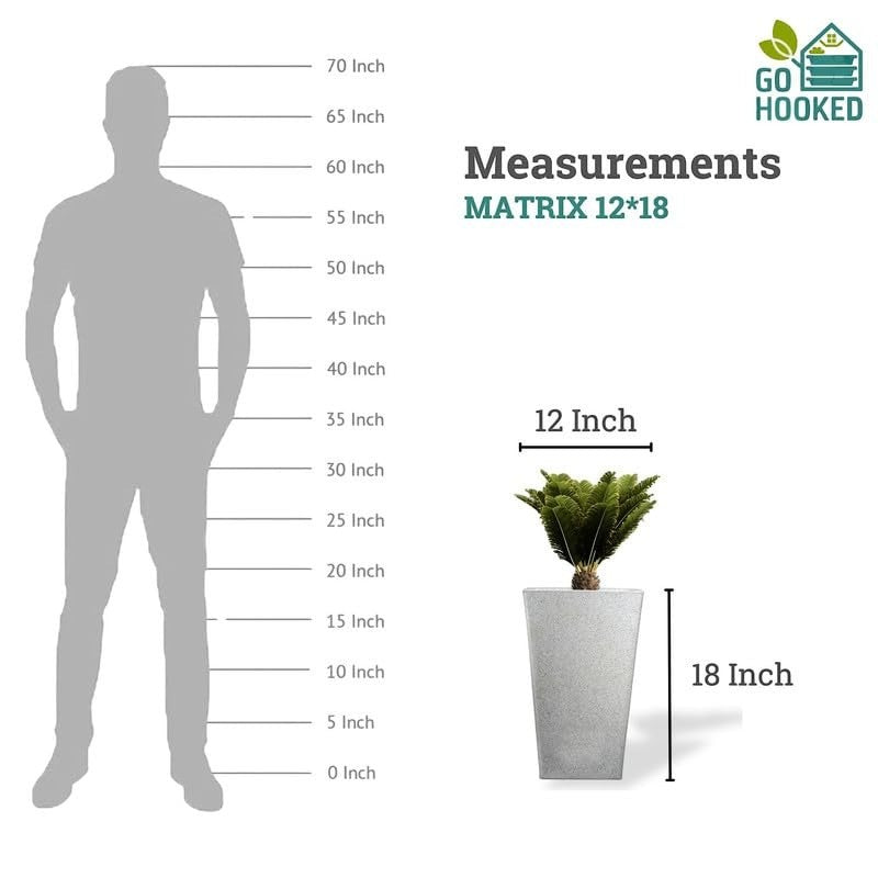 GoHooked white 18-inch tall polymer planter pot with a tapered square base, shown with a plant.