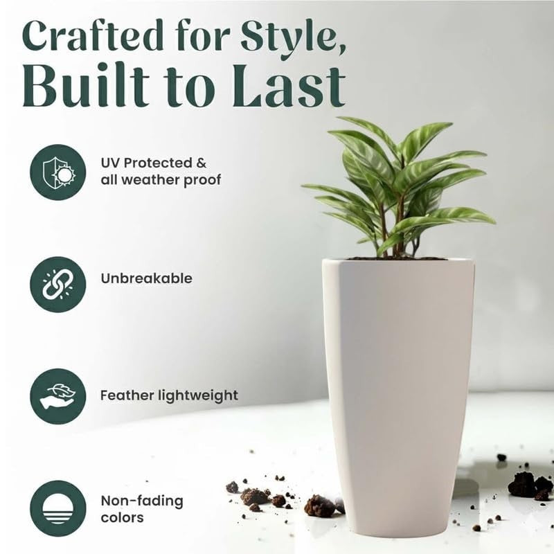 Go Hooked white 18-inch tall modern polymer planter pot with a plant. UV protected, unbreakable, lightweight, and weather resistant.