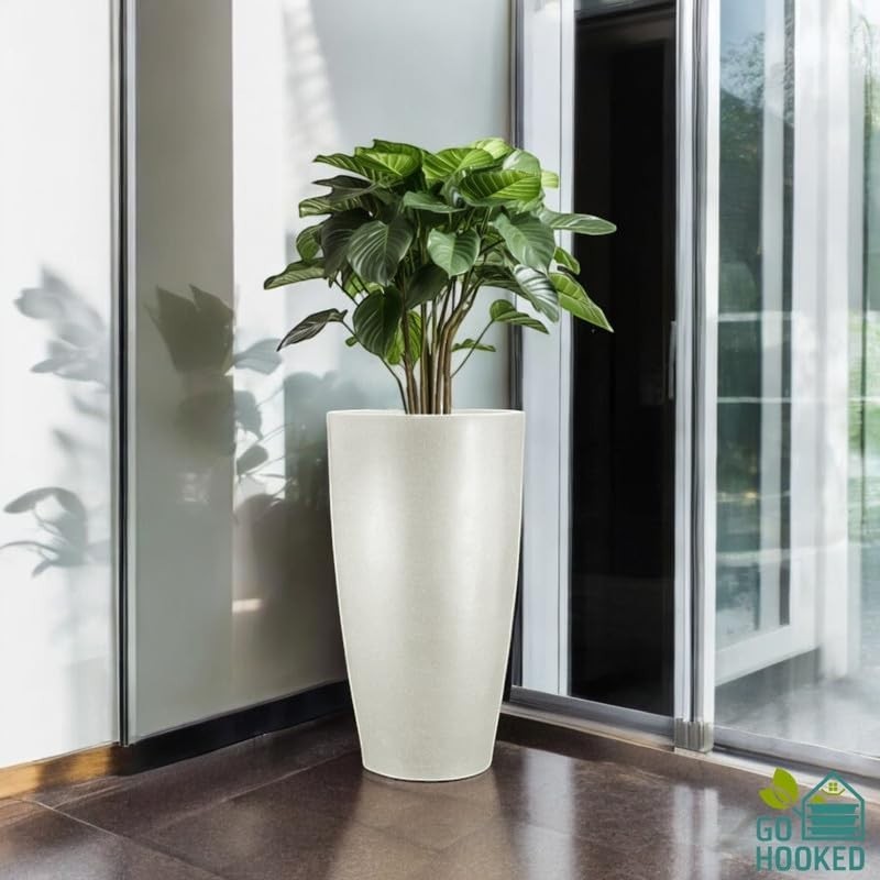 Go Hooked white 18-inch tall modern polymer planter pot with a large green plant inside, perfect for indoor or outdoor use.