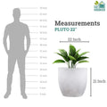 GoHooked Pluto 22-inch white polymer planter pot with a modern round design and drainage hole. Shown next to a life-size silhouette.