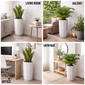 GoHooked tall white polymer planter pot with modern faceted design and matching tray. Ideal for indoor/outdoor use.