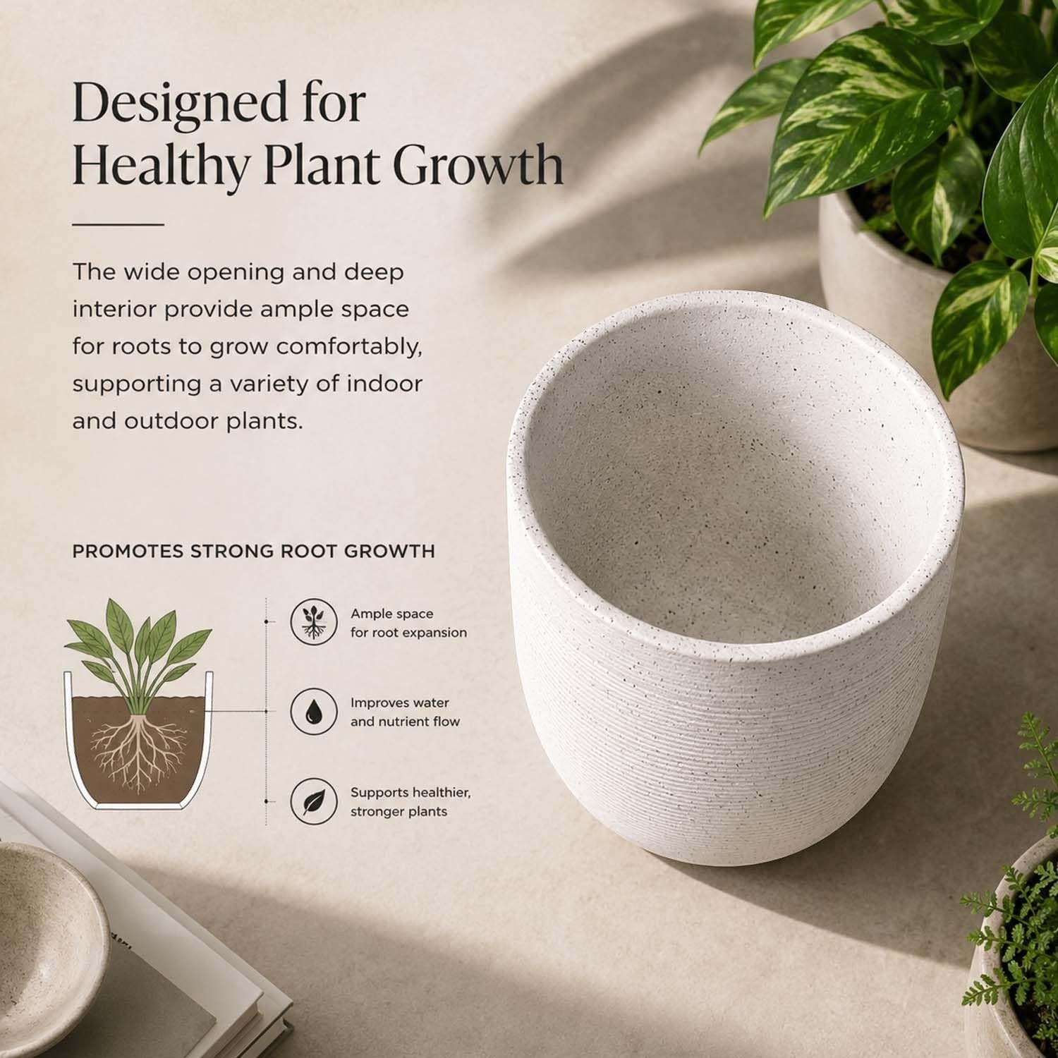 GoHooked 10-inch white speckled polymer planter pot with ribbed texture, designed for healthy plant growth.