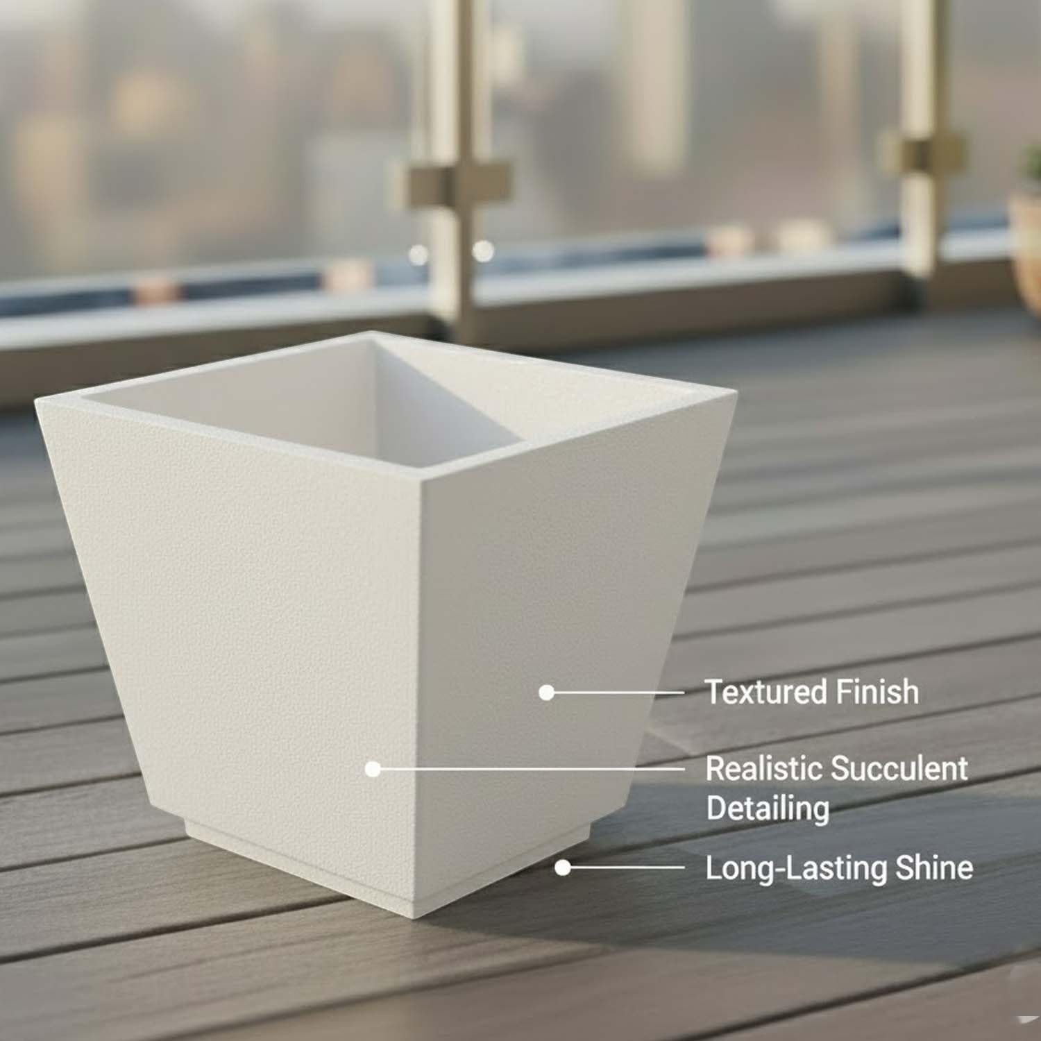 GoHooked 15-inch white textured polymer square planter pot with drainage hole for indoor/outdoor use.
