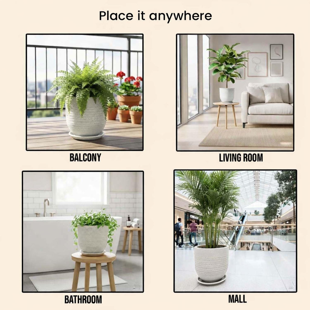 GoHooked white polymer planter pot with textured ribbed design and matching tray. 10 inch round pot for indoor/outdoor plants.
