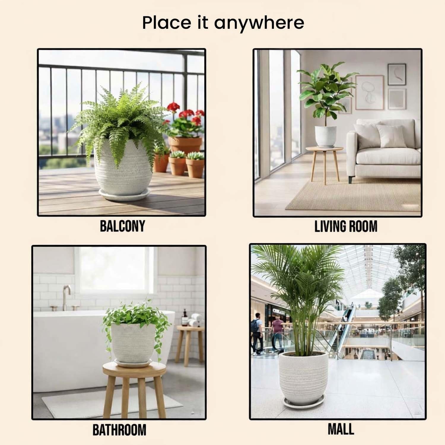 GoHooked white polymer planter pot with textured ribbed design and matching tray. 10 inch round pot for indoor/outdoor plants.