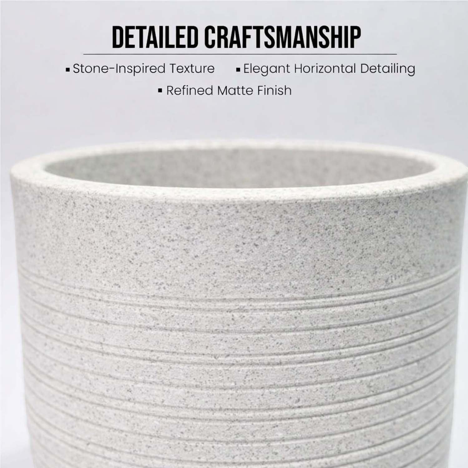 GoHooked white polymer planter pot with textured ribbed design and matching tray. 12 inch round pot.