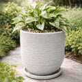 GoHooked 18-inch white polymer planter pot with textured ribbed finish and matching tray. Ideal for indoor/outdoor use.