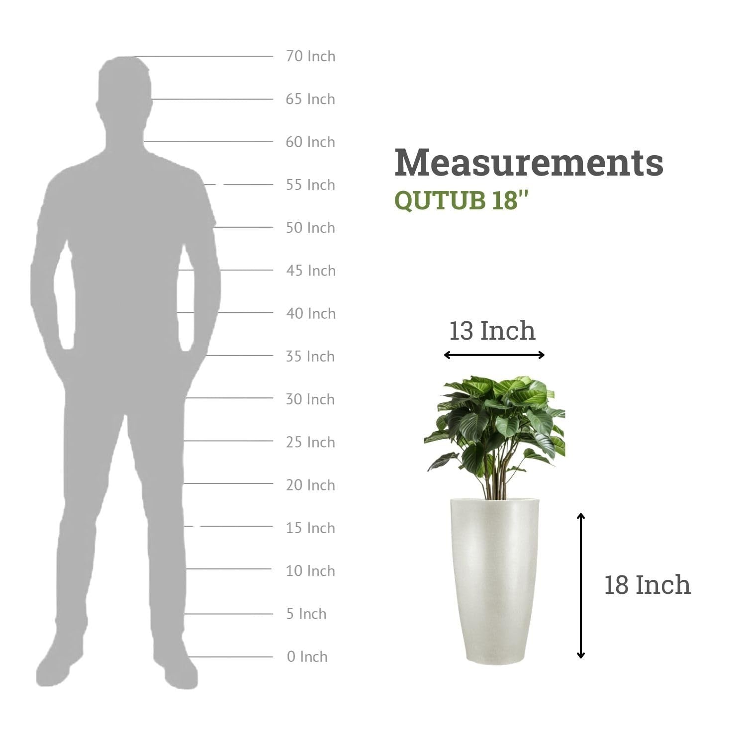 GoHooked 18-inch white polymer planter, modern Qutub Pot style, 13-inch diameter, with drainage hole.