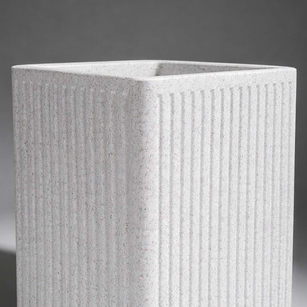 GoHooked white polymer planter with granite texture and vertical ribbed design. Tall square pot for indoor/outdoor plants.