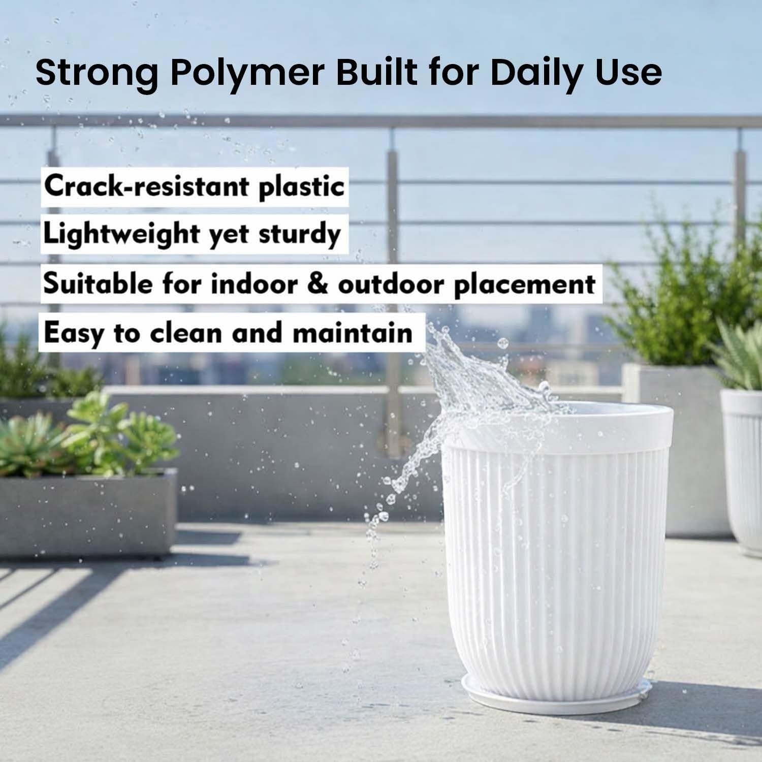 GoHooked white polymer planter with ribbed design and matching saucer tray. Large size for indoor/outdoor plants.