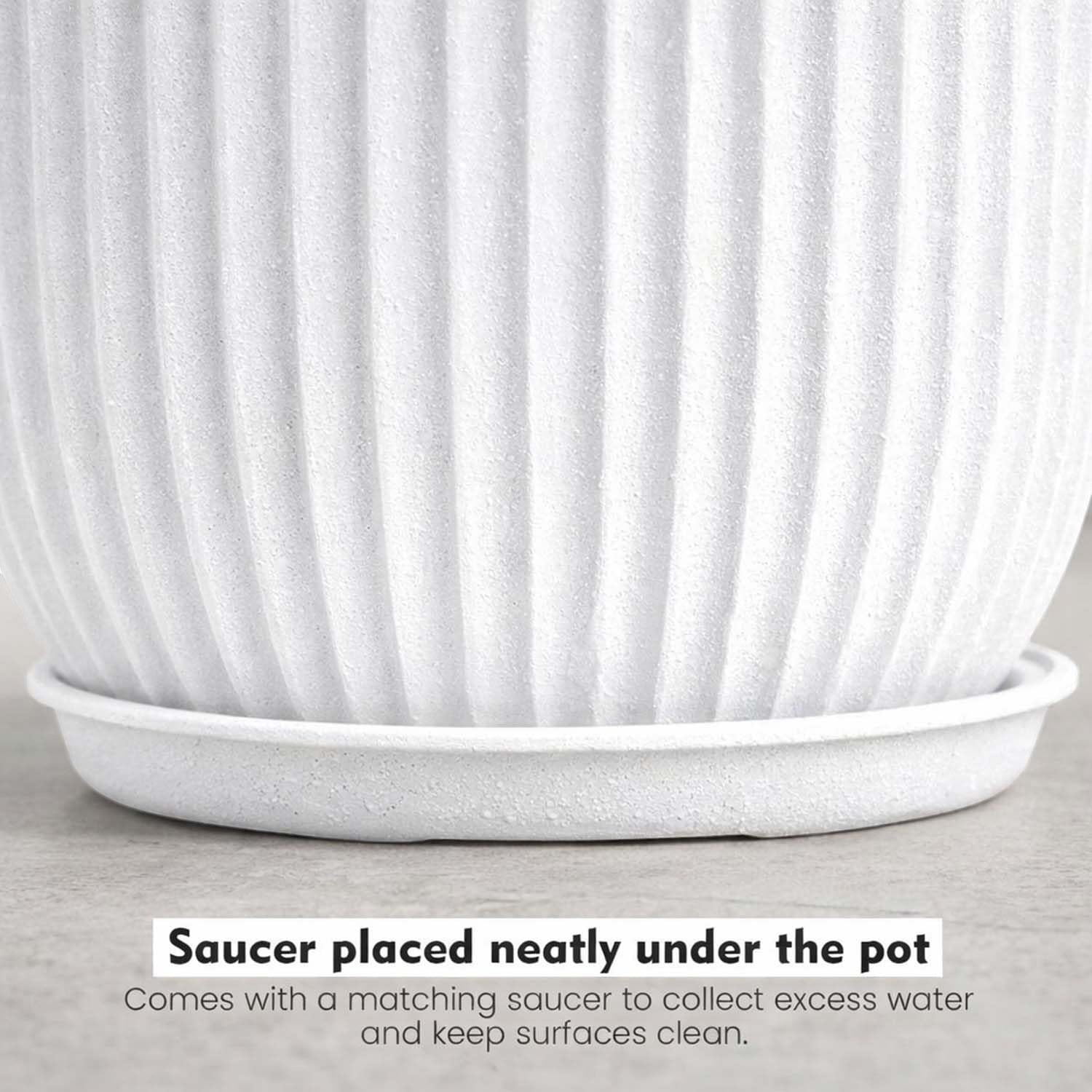GoHooked white polymer planter with ribbed design and matching saucer tray for indoor/outdoor plants.