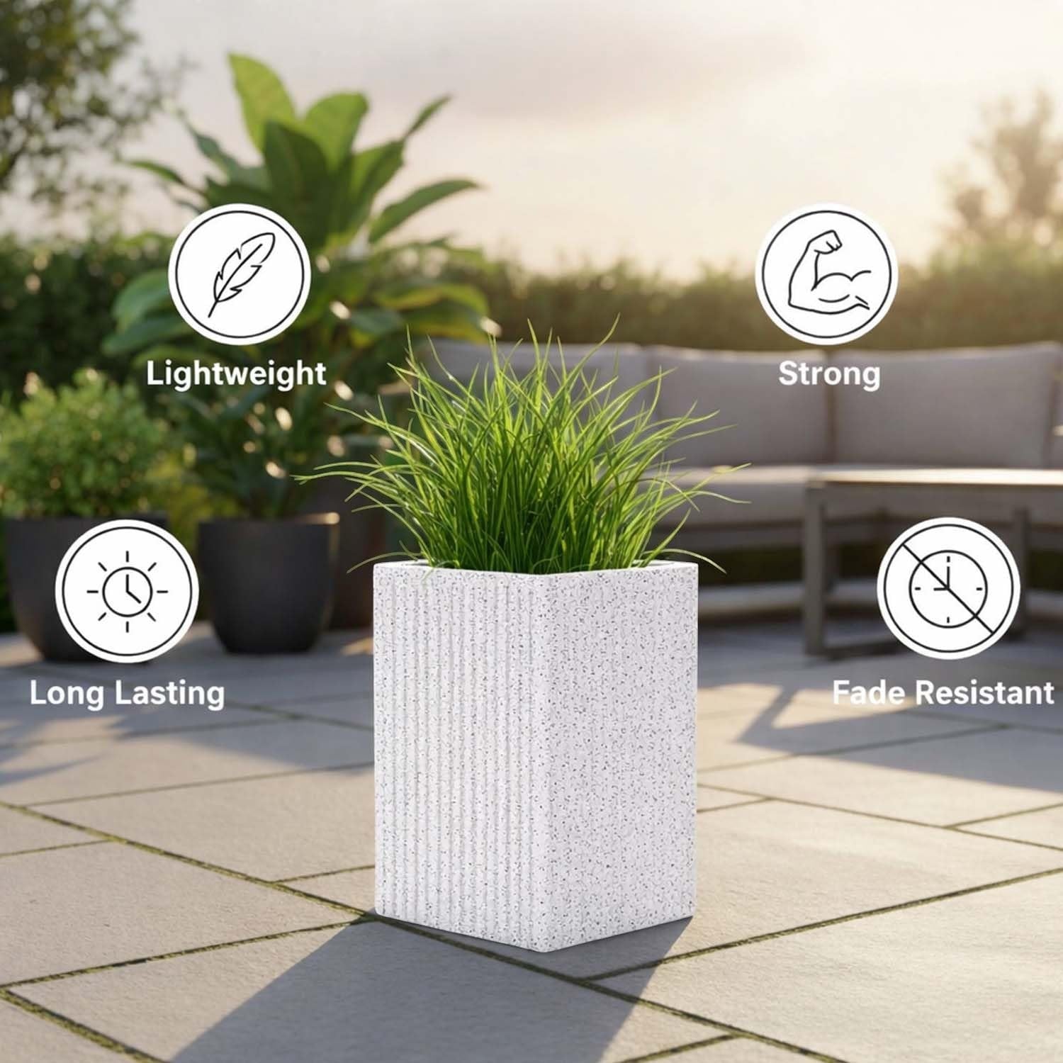 GoHooked extra large white polymer planter with ribbed texture and granite finish. Ideal for indoor/outdoor plants.