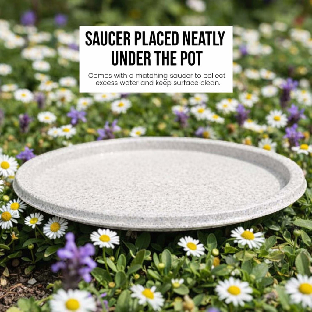 GoHooked white polymer planter saucer with textured ribbed design, 10 inch round pot accessory for indoor/outdoor plants.