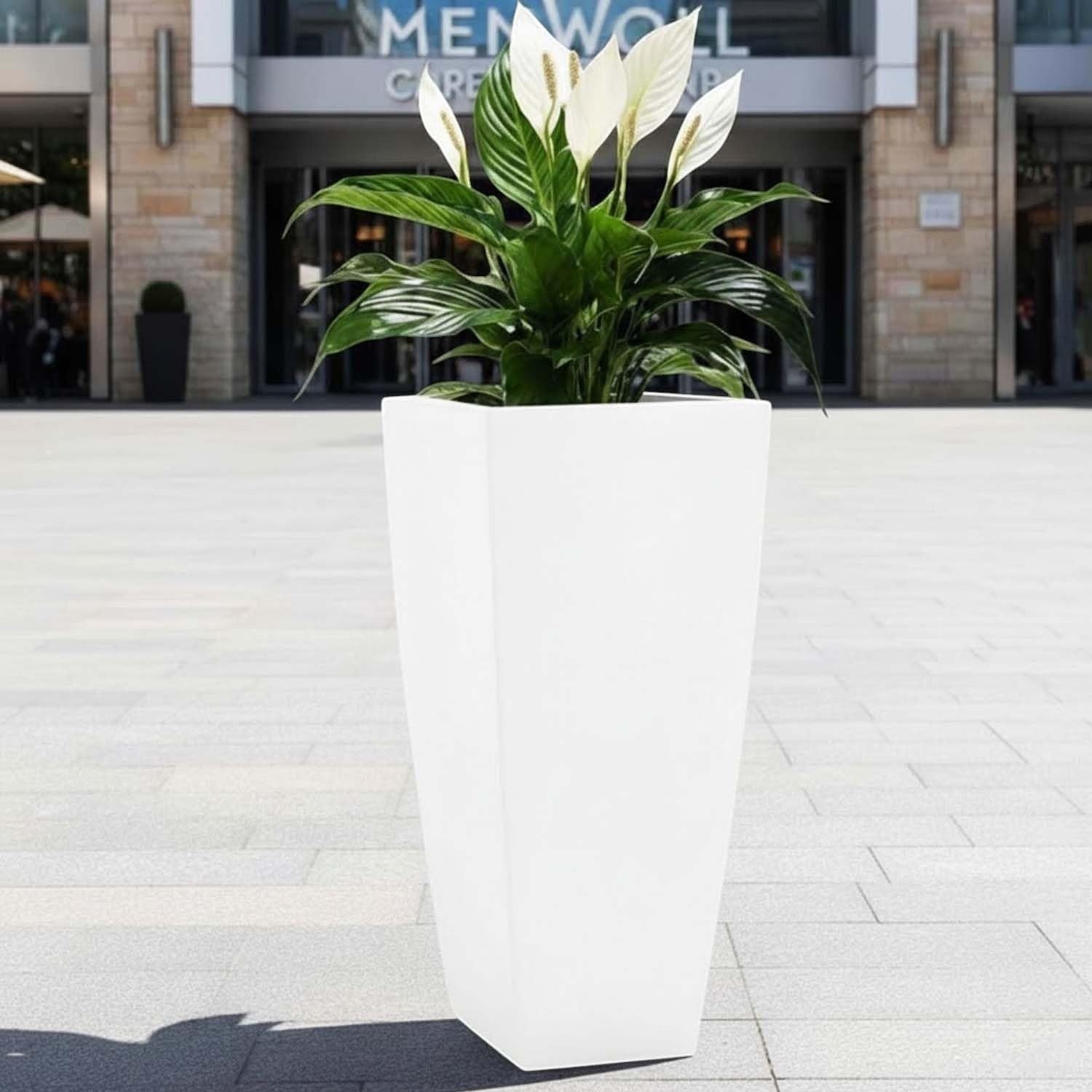 GoHooked white polymer tall square planter with a peace lily plant, ideal for outdoor or indoor use.