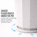 GoHooked tall white speckled polymer planter with matching saucer for drainage. Modern geometric design.