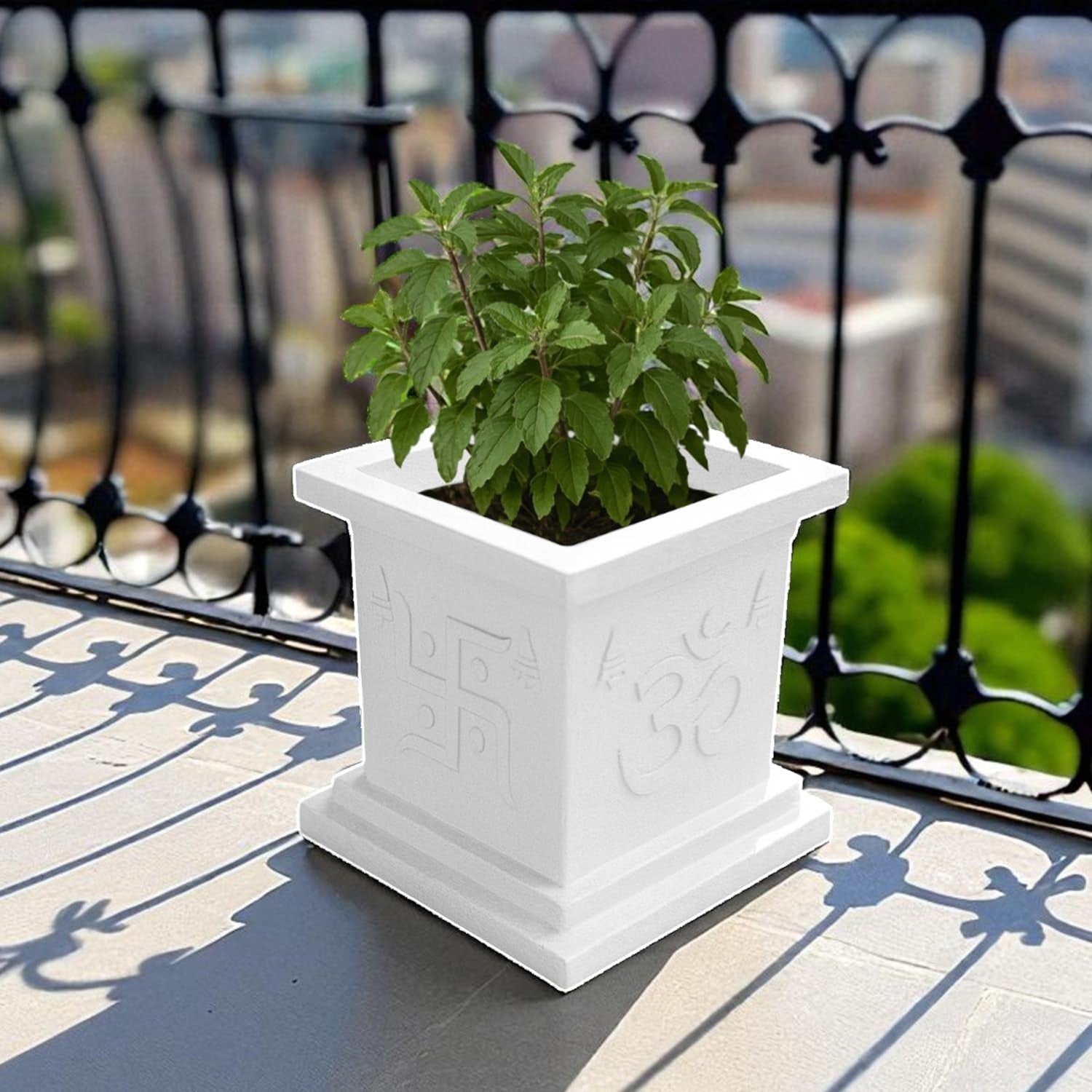 GoHooked white polymer Tulsi pot with embossed Om and Swastik design, 16x36 inch, for indoor or outdoor use.
