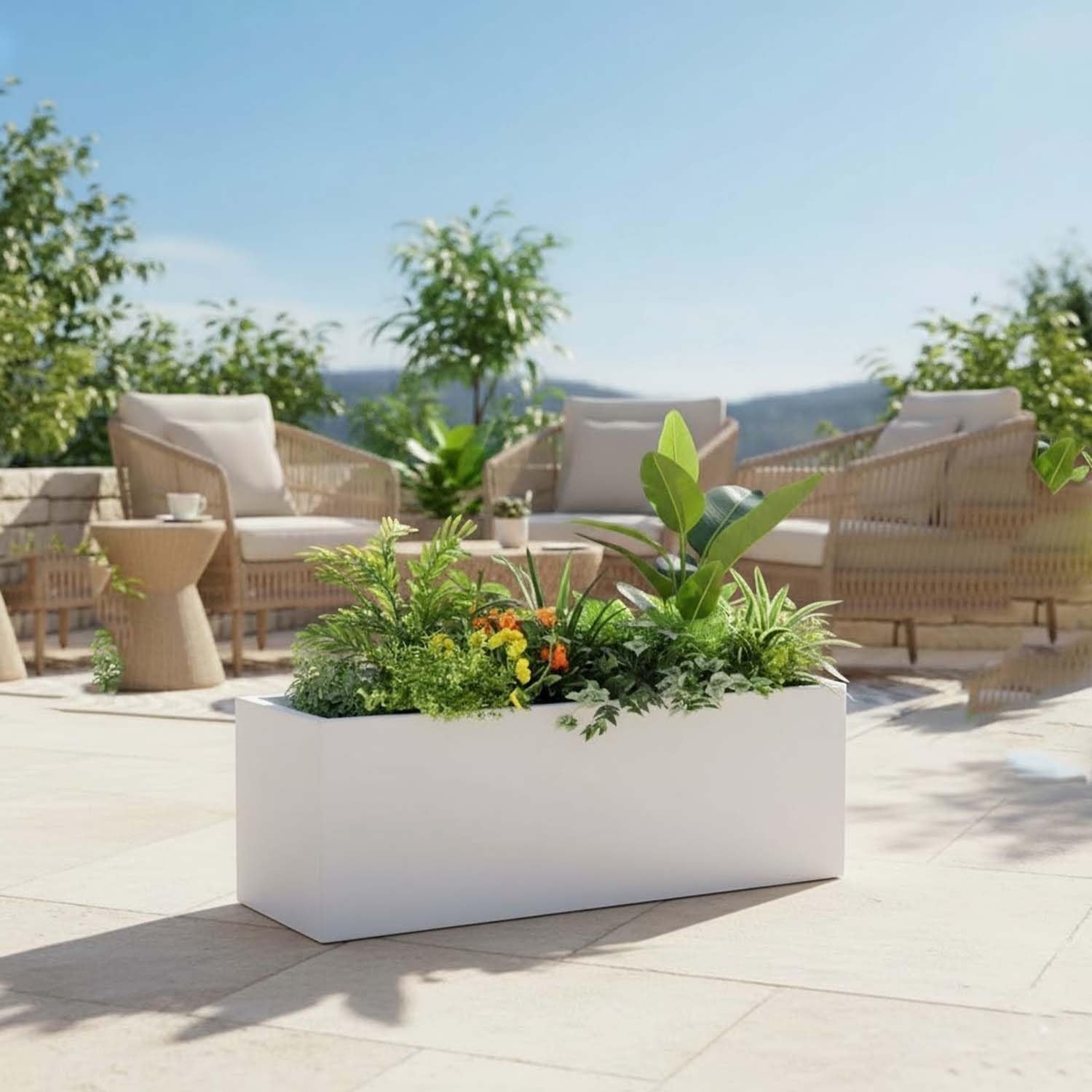 GoHooked white rectangular polymer planter pot with drainage, 21x8 inches, for outdoor and indoor plants.
