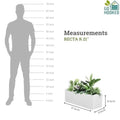 GoHooked white polymer rectangular planter pot, 21x8 inches, with plants. Scale diagram shows planter size relative to a person.