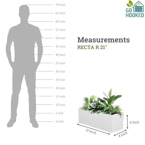 GoHooked white polymer rectangular planter pot, 21x8 inches, with plants. Scale diagram shows planter size relative to a person.