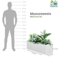 GoHooked white rectangular polymer planter pot, 24x12.5 inches, with drainage hole. Shown next to a life-size silhouette for scale.