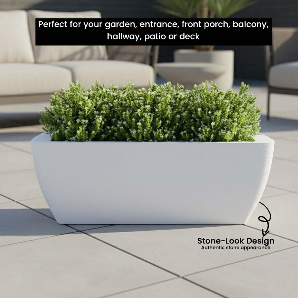 Go Hooked 24-inch white rectangular polymer planter pot with a stone-look design, perfect for outdoor and indoor plants.