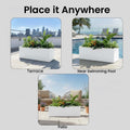 Go Hooked white rectangular polymer planter pot with plants, shown on a terrace, near a pool, and on a patio.