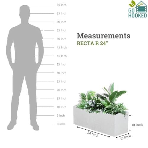 GoHooked white rectangular polymer planter pot, 24x10 inches, with modern design and drainage. Shown with a human silhouette for scale.