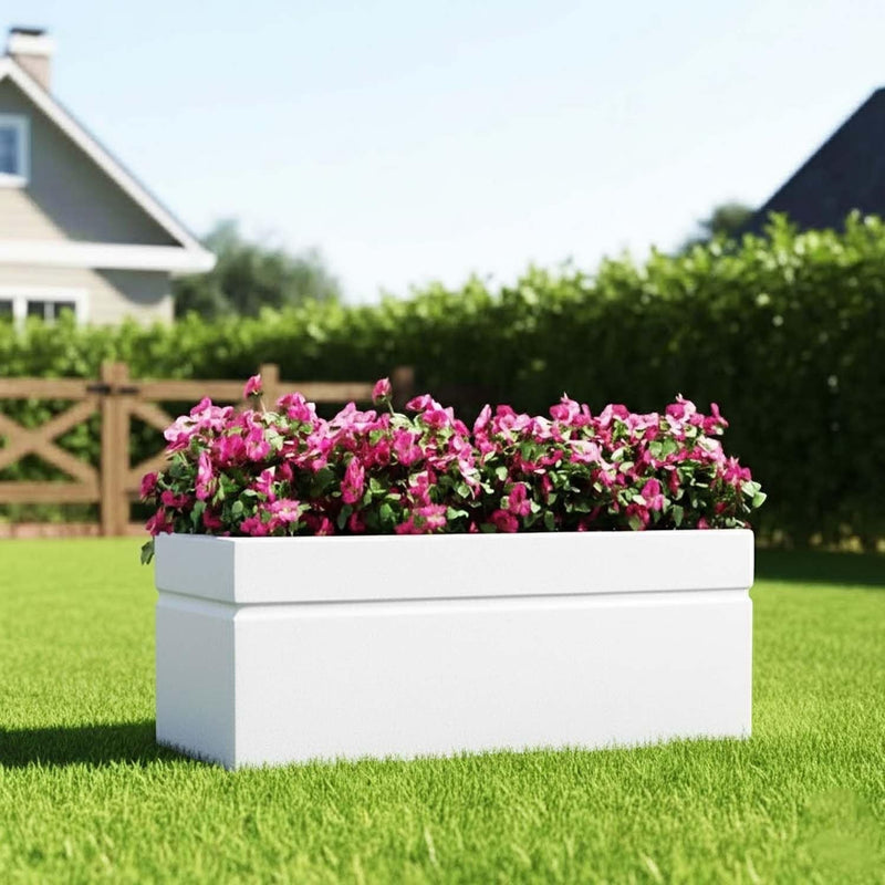 GoHooked white rectangular polymer planter pot with pink flowers, modern design, 30x12 inches
