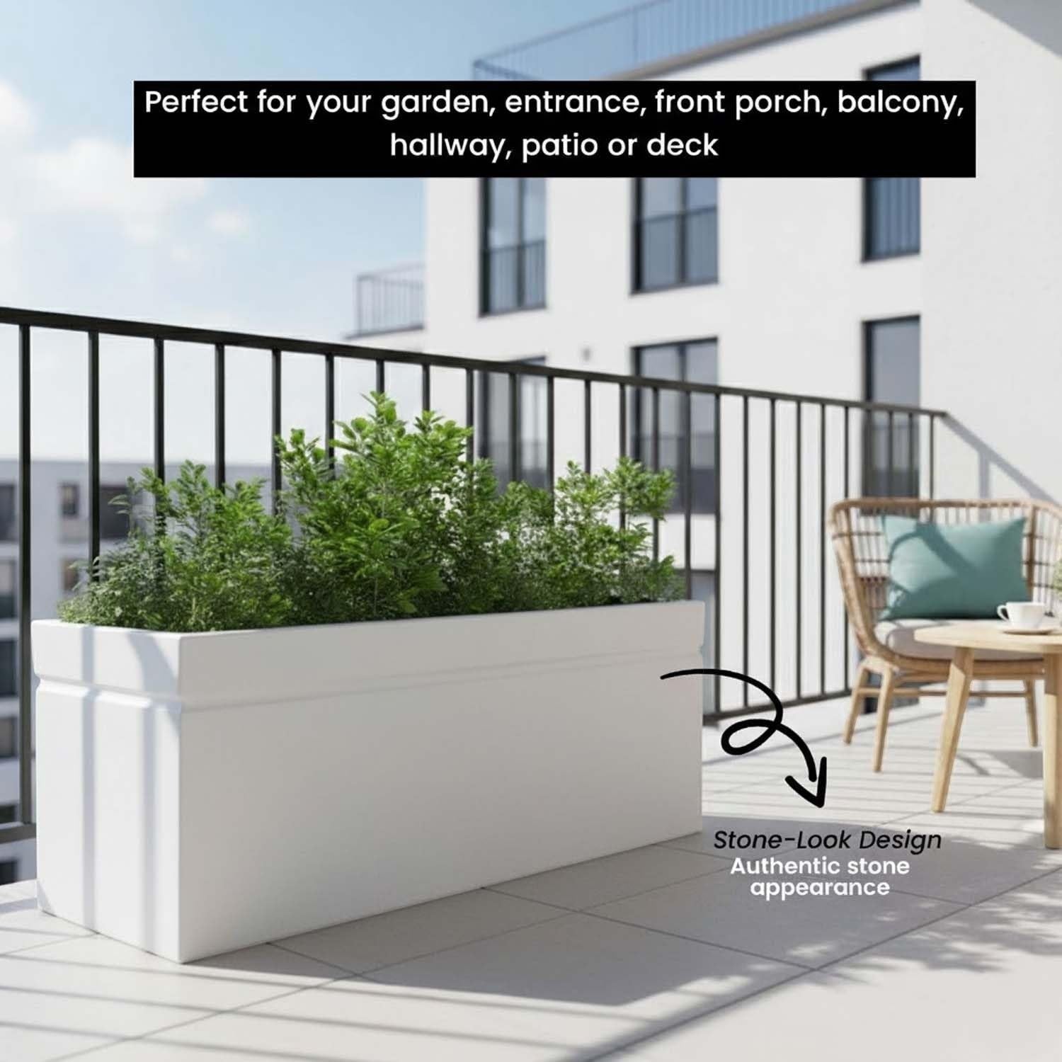 GoHooked white polymer rectangular planter pot with modern design, 36 inches, for outdoor and indoor plants.