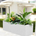 GoHooked white rectangular polymer planter pot filled with lush green plants and colorful flowers, perfect for outdoor or indoor use.