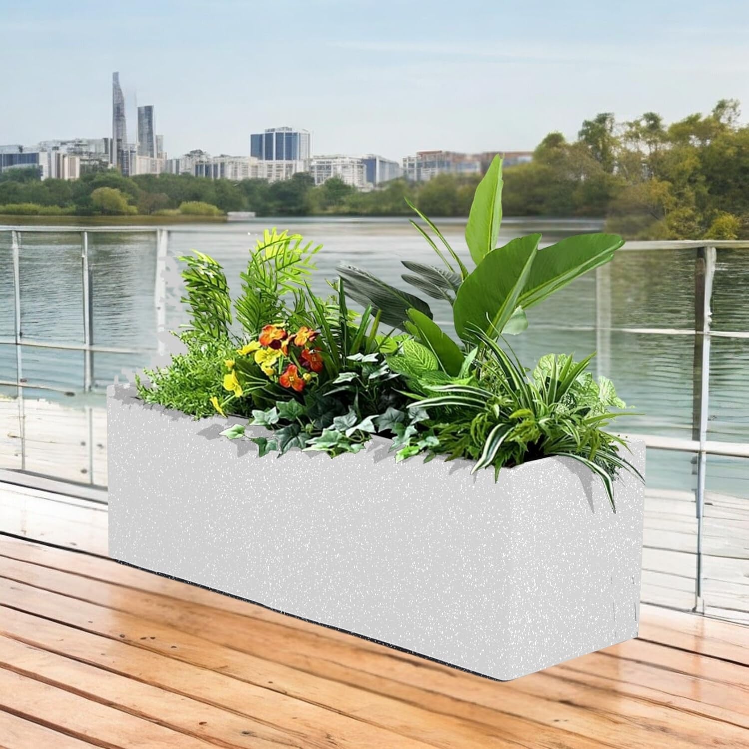 GoHooked white rectangular polymer planter pot filled with lush green plants and colorful flowers, perfect for outdoor or indoor use.