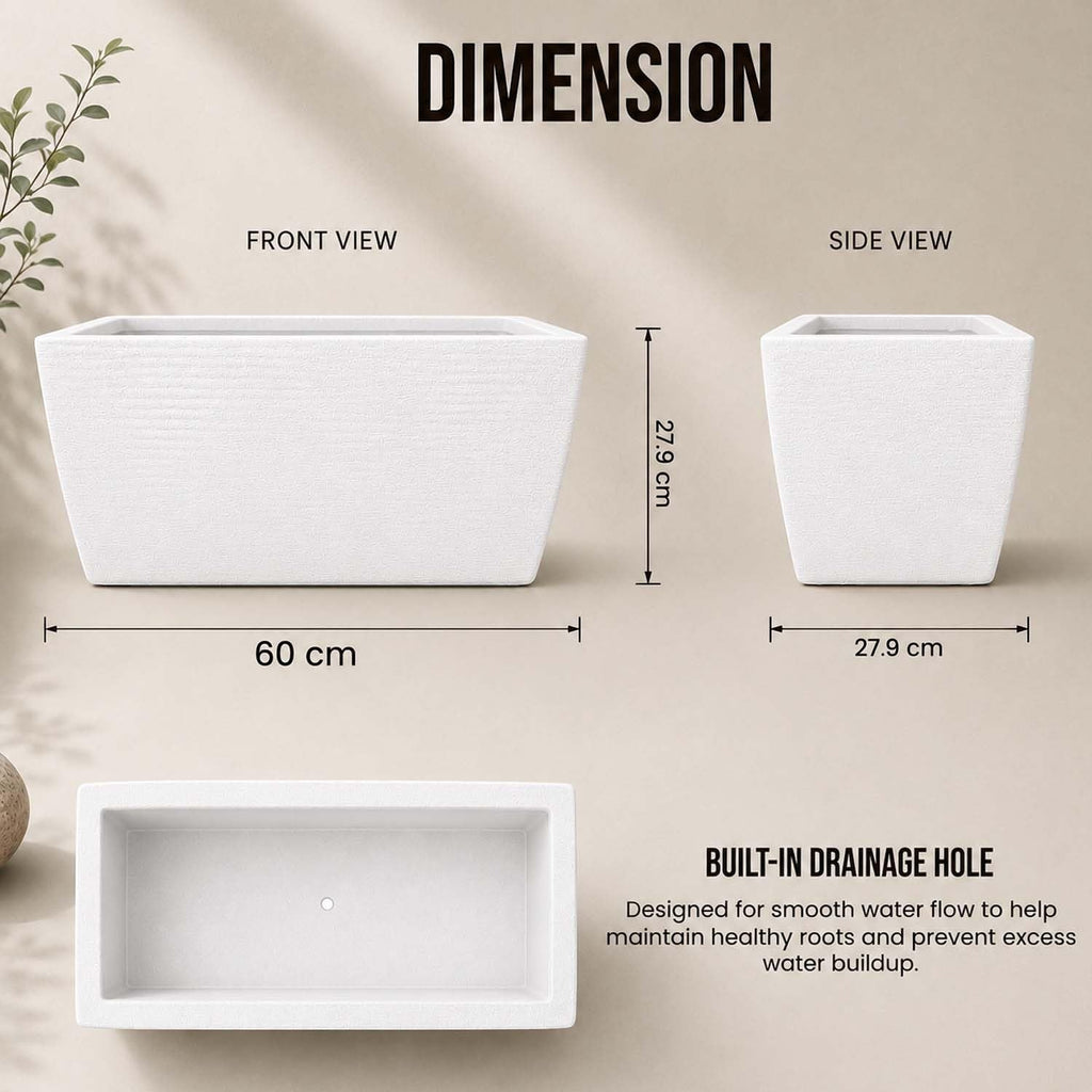 GoHooked white polymer rectangular planter pot with ribbed texture, 60cm long, 27.9cm wide and high, with drainage hole.