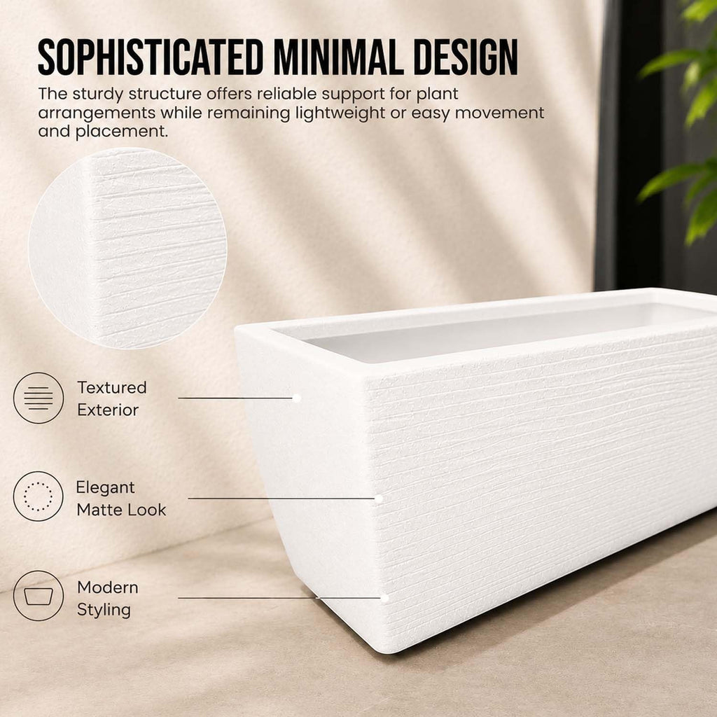 GoHooked white polymer rectangular planter pot with textured marble finish and drainage hole. Modern design for indoor/outdoor use.