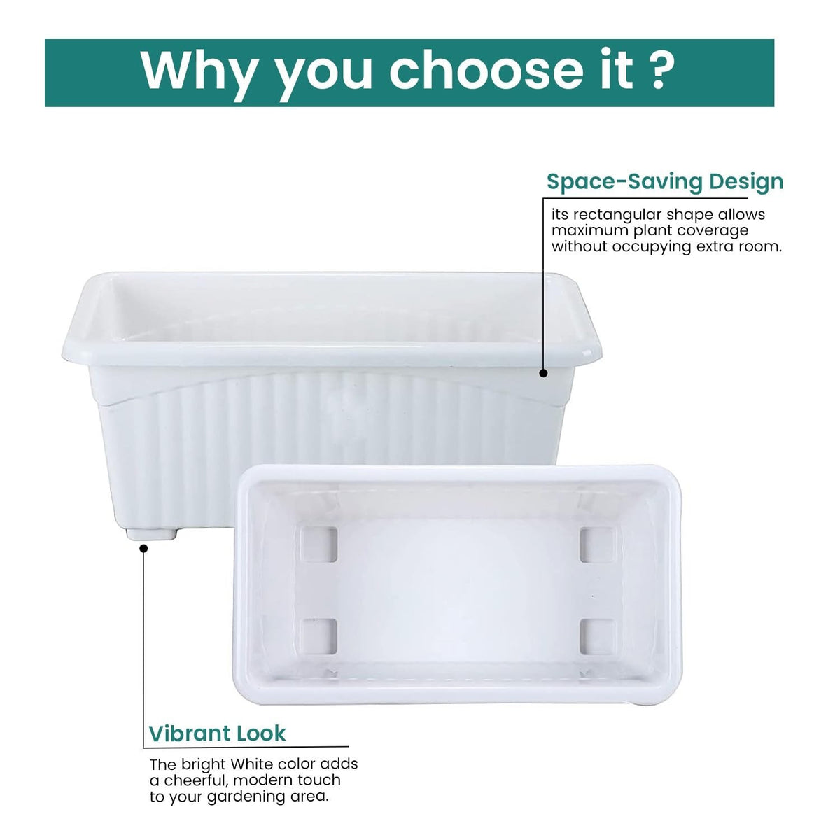 GoHooked white rectangular plastic plant pots, pack of 3, 35x18.5x15 cm, ideal for home and garden.