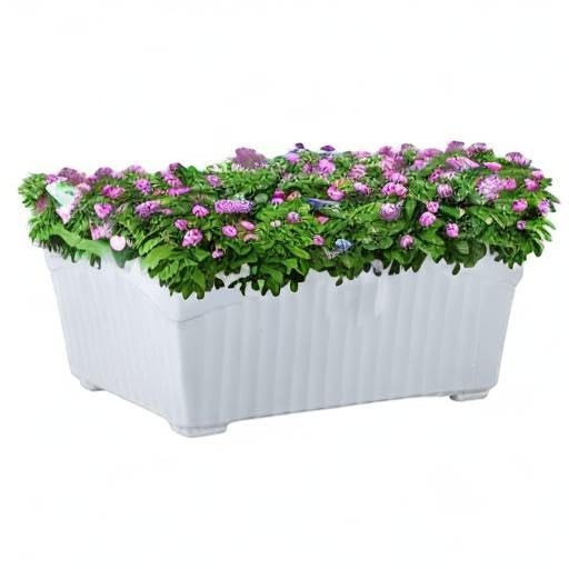 GoHooked white rectangular plastic planter pot filled with green foliage and small pink flowers. Ideal for home or garden.