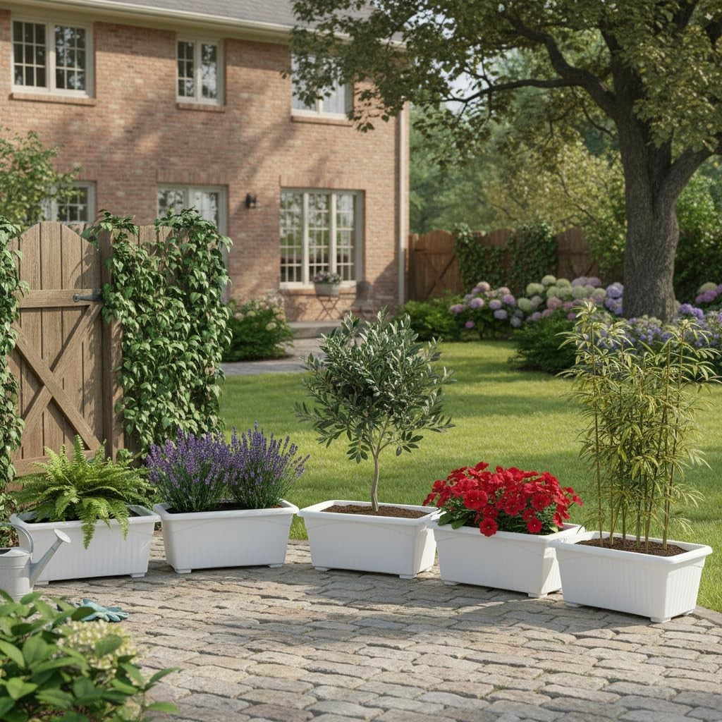 Go Hooked set of 5 white rectangular plastic planters with plants on a paved patio.