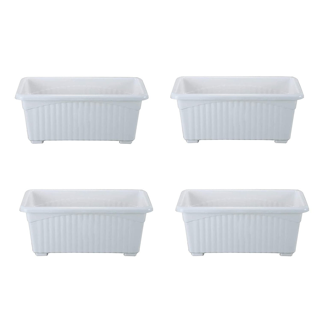 GoHooked white rectangular plastic plant pots, pack of 4, with ribbed texture and raised feet. Ideal for home or garden.