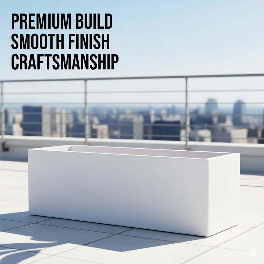 GoHooked white rectangular polymer planter pot with a smooth finish on a modern balcony terrace.