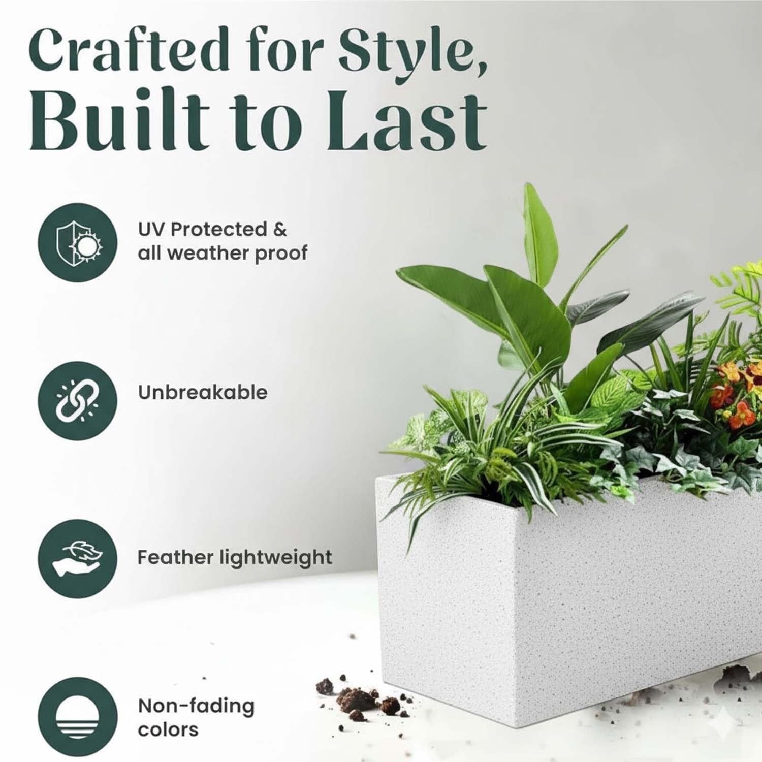 GoHooked white rectangular polymer planter with textured finish, featuring UV-resistant and lightweight design.