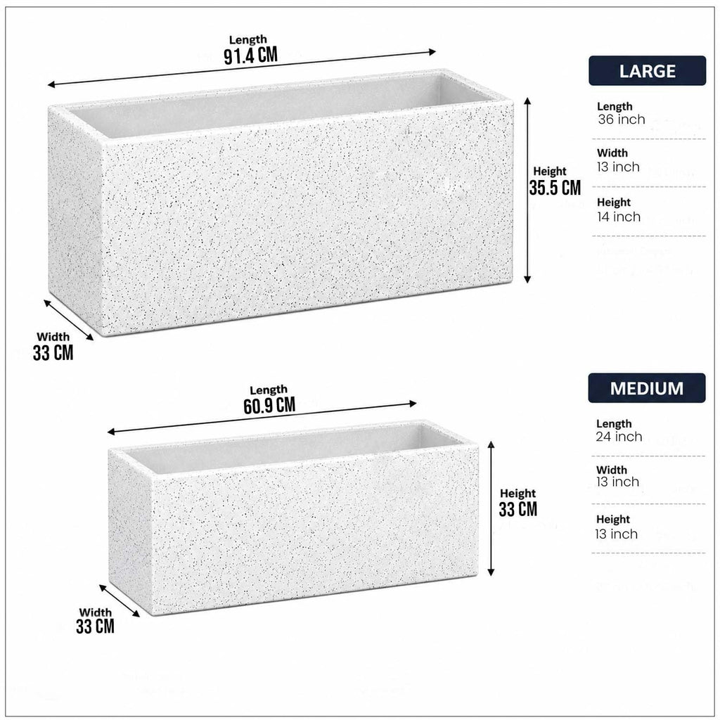 GoHooked rectangular polymer planter set in white with marble texture, featuring 36-inch and 24-inch sizes.