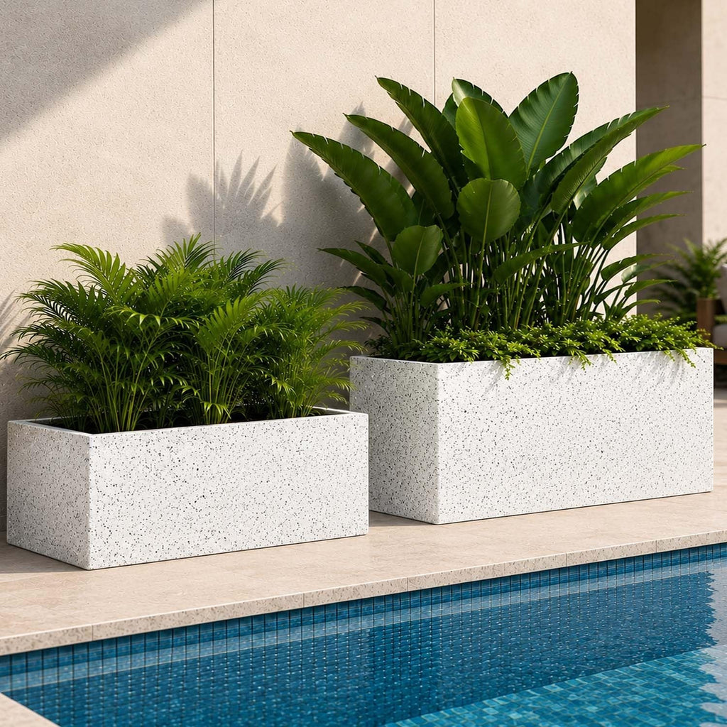 GoHooked white rectangular polymer planter set with textured finish, placed by a pool with lush green plants.