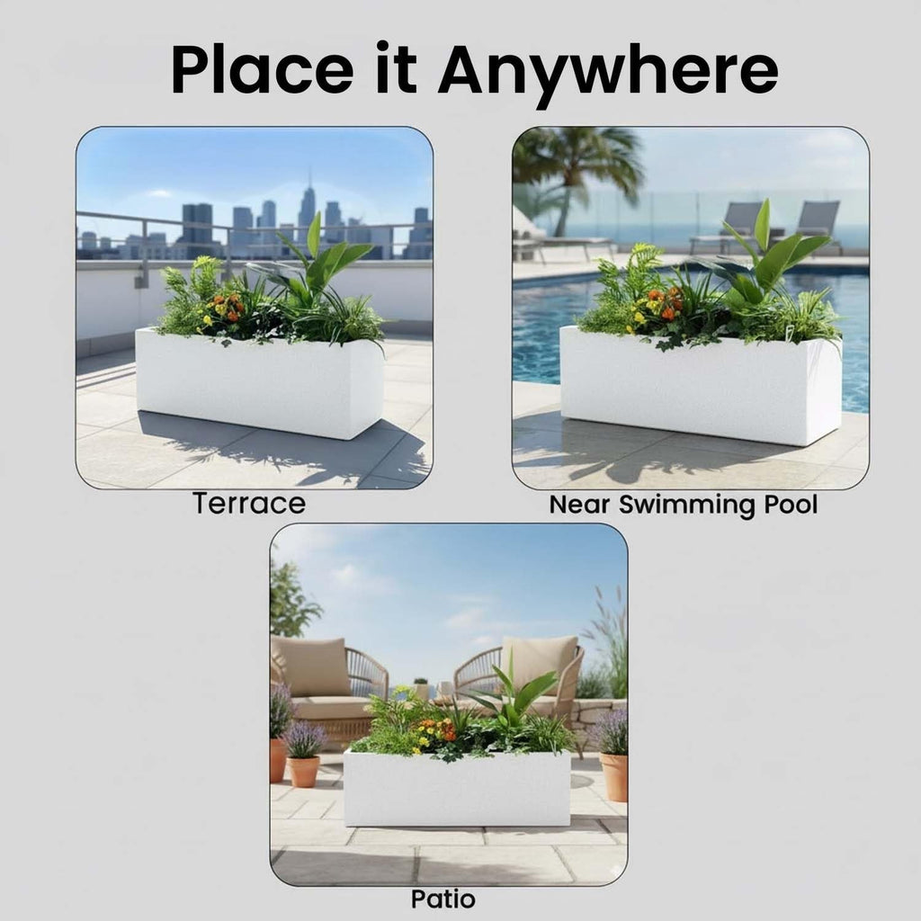 GoHooked white rectangular polymer planter pots shown in terrace, poolside, and patio garden settings.