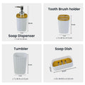 Go Hooked white ribbed plastic bathroom accessories set including soap dispenser, toothbrush holder, tumbler, and soap dish.