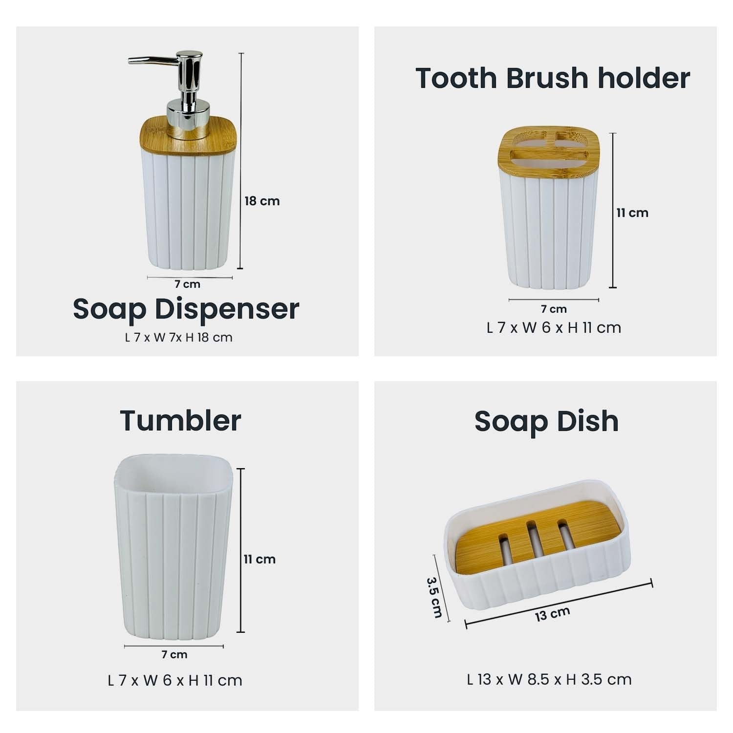 Go Hooked white ribbed plastic bathroom accessories set including soap dispenser, toothbrush holder, tumbler, and soap dish.